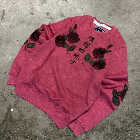 American Vintage Other - Blind Rooster Rose Embroidered Acid Wash Sweatshirt Red Kanji Streetwear Men's M